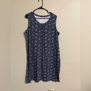 Lands End Sleeveless Cotton Tank Dress Blue Stars Print Pintuck Size Large New